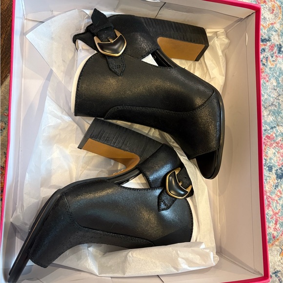 Vince Camuto Black Heeled Boots with Gold Buckle - Picture 7 of 10